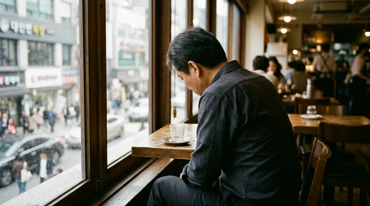 짙은 색 셔츠를 입은 중년의 남성이 식당 창가 자리에 홀로 앉아 고개를 숙인 채 창밖을 응시하는 뒷모습, 테이블 위에 빈 컵 하나만 놓여있다