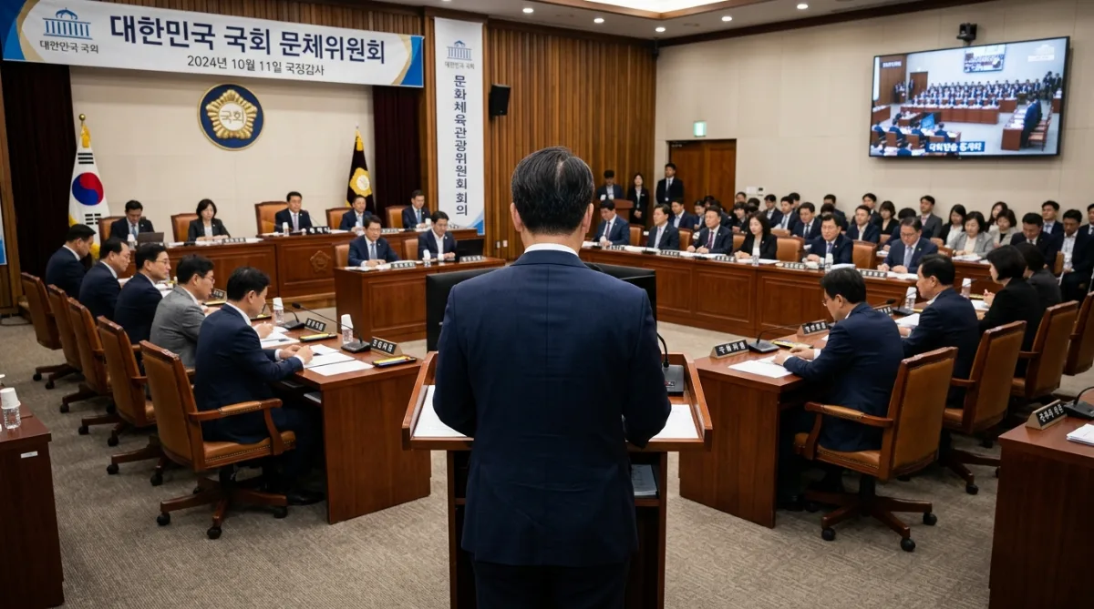 국회 문체위 회의장에서 발언하는 의원의 뒷모습과 멀리 보이는 회의석 전경