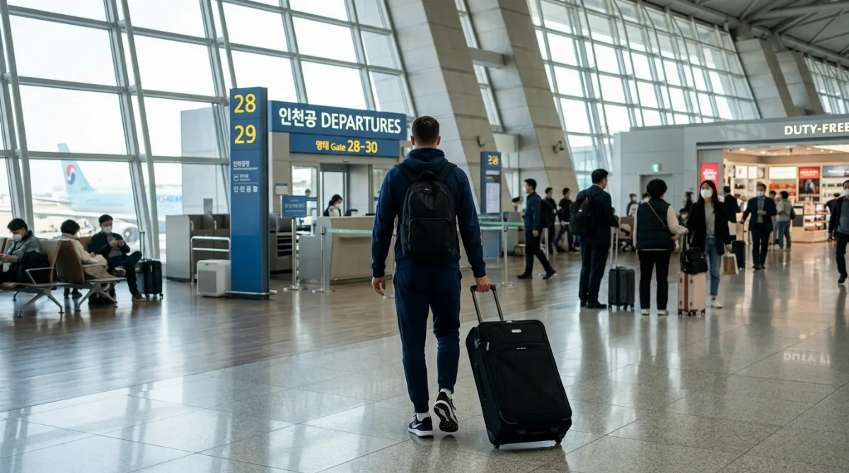 캐리어를 끌고 인천공항 출국장을 걸어가는 축구 선수의 뒷모습, 캐주얼 차림에 여유로운 발걸음