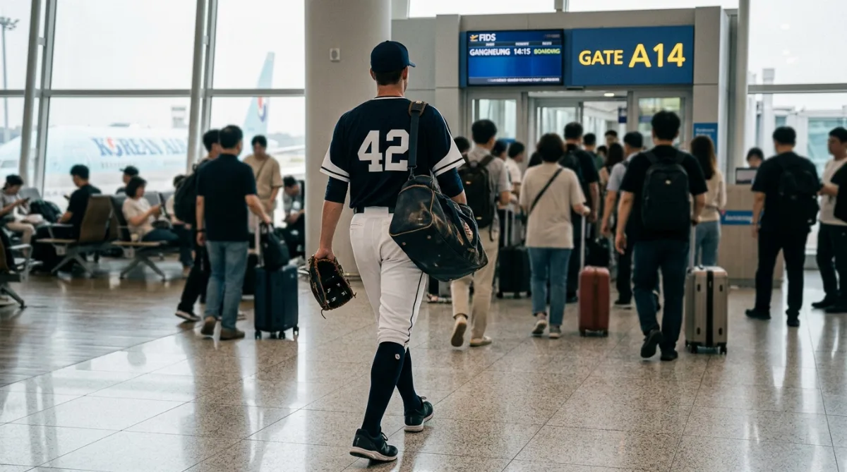 유니폼을 입은 투수의 뒷모습이 공항 게이트를 향해 걸어가는 모습