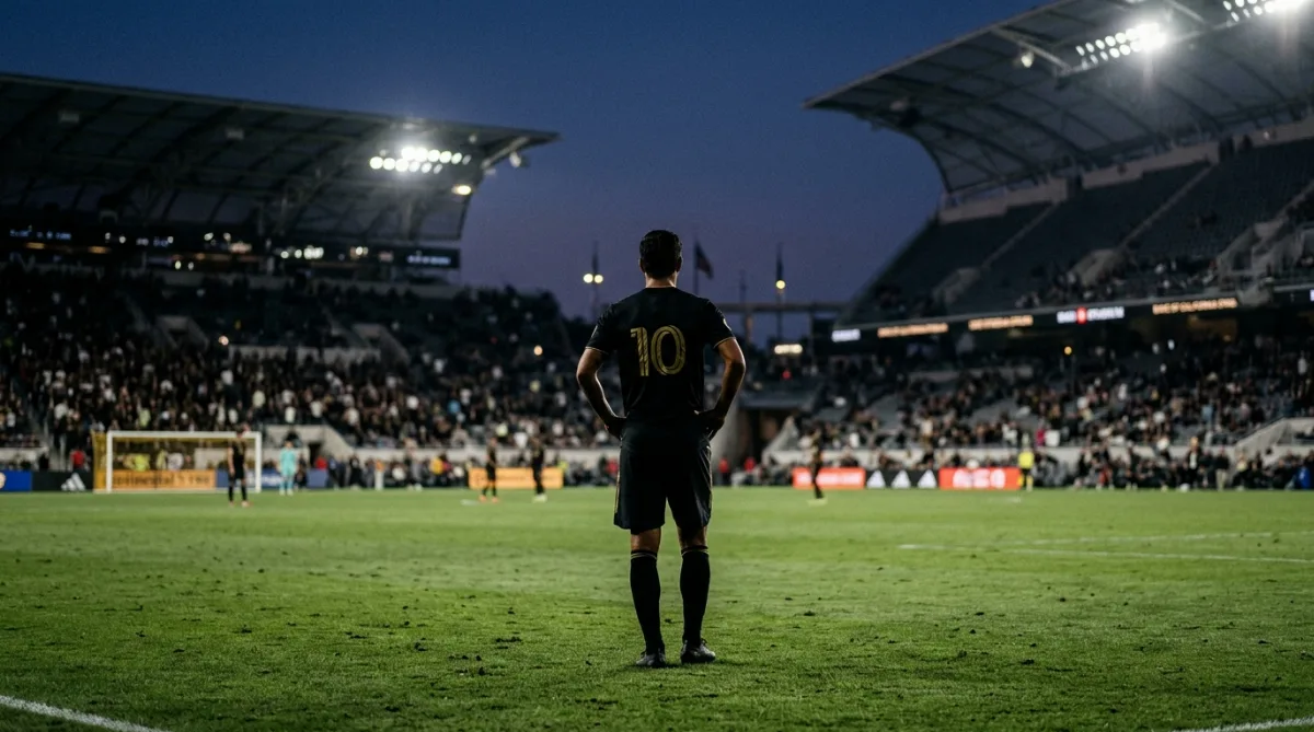 LAFC 유니폼을 입은 선수가 그라운드에서 등을 돌린 채 홀로 서 있는 저녁 경기장 실루엣