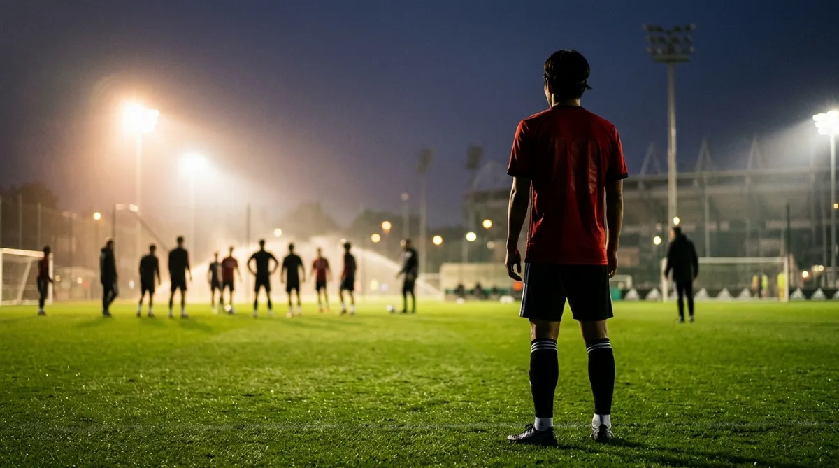 독일 클럽 유니폼을 입을 준비를 마친 동양인 축구선수의 뒷모습이 훈련장 조명 아래 서 있는 장면