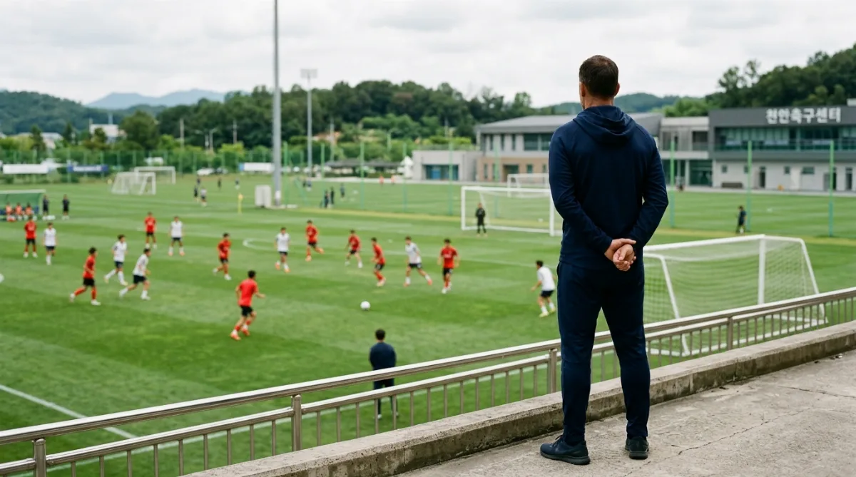 천안 훈련장에서 그라운드를 바라보는 축구 감독의 뒷모습, 코치진 유니폼 차림으로 먼 거리에서 포착된 구도