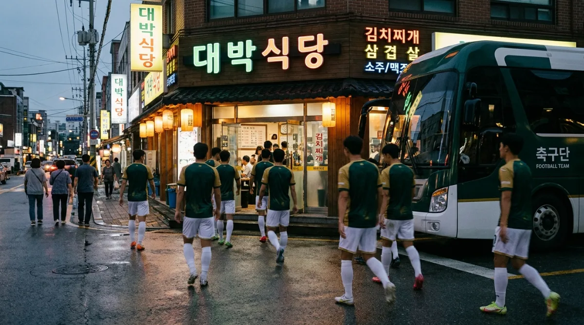 지역 식당 앞에 주차된 축구단 버스와 유니폼 차림 선수들의 뒷모습이 흐릿하게 보이는 저녁 풍경