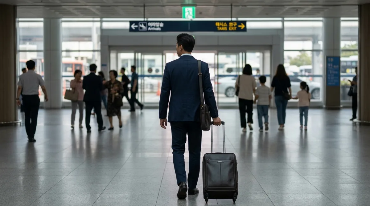 공항 입국장에서 홀로 걸어 나오는 정장 차림 중년 남성의 뒷모습
