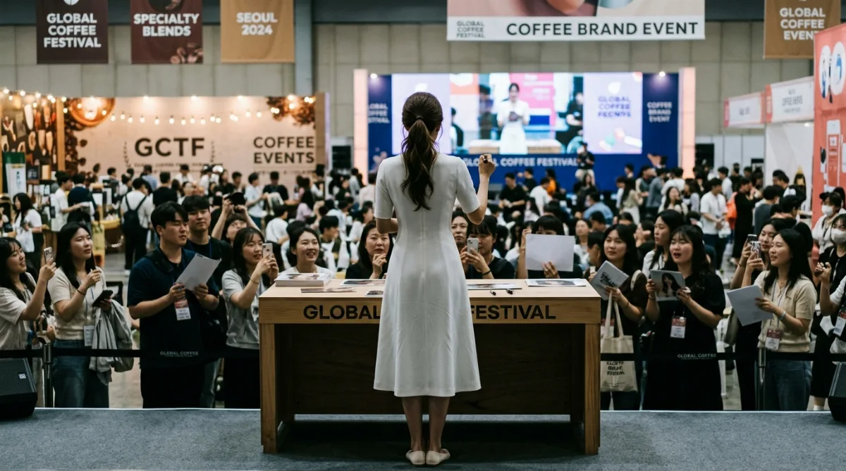 커피 브랜드 행사장에서 화이트 원피스 차림으로 서서 사인을 하는 여성의 뒷모습 실루엣