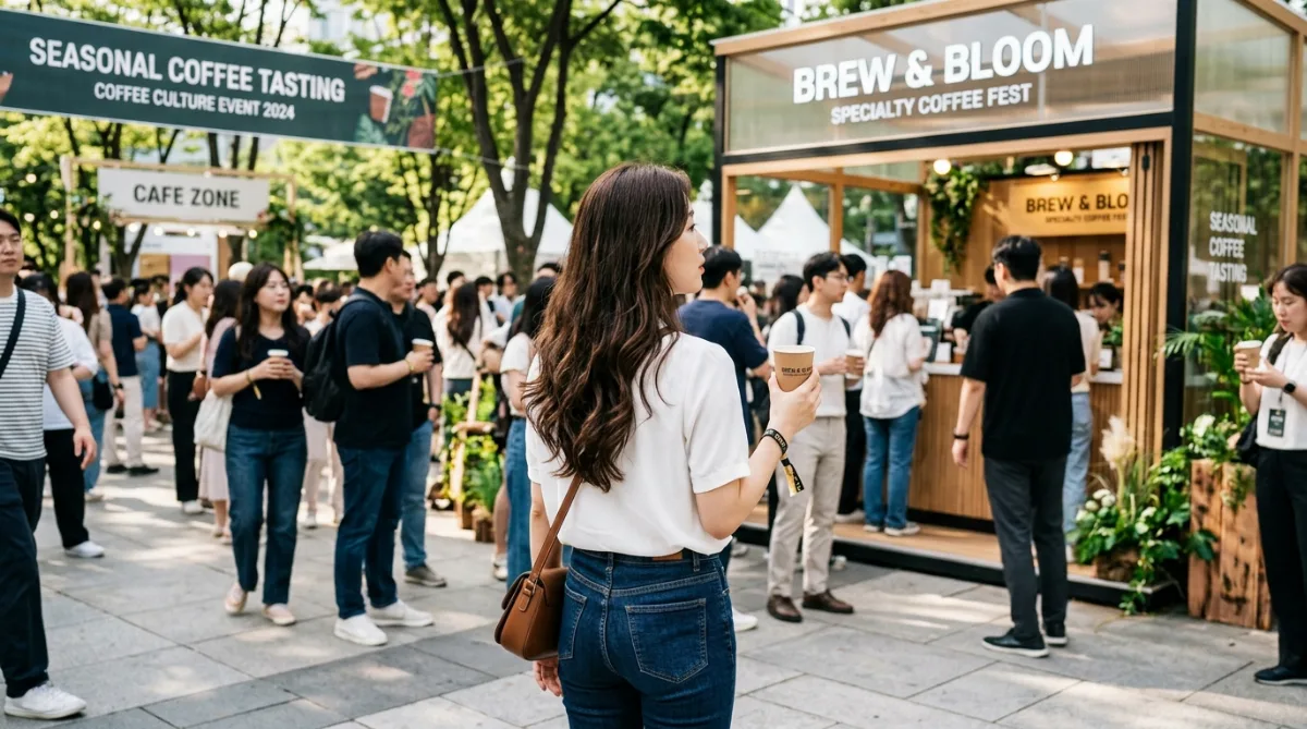 화이트 상의를 입은 여성이 긴 웨이브 머리를 늘어뜨린 채 커피 브랜드 행사장에서 뒷모습으로 서 있는 장면