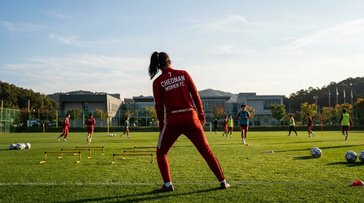 천안 코리아풋볼파크 훈련장에서 그라운드를 바라보며 몸을 푸는 여자축구 선수의 뒷모습, 붉은색 트레이닝복 실루엣이 멀리서 잡힌 구도