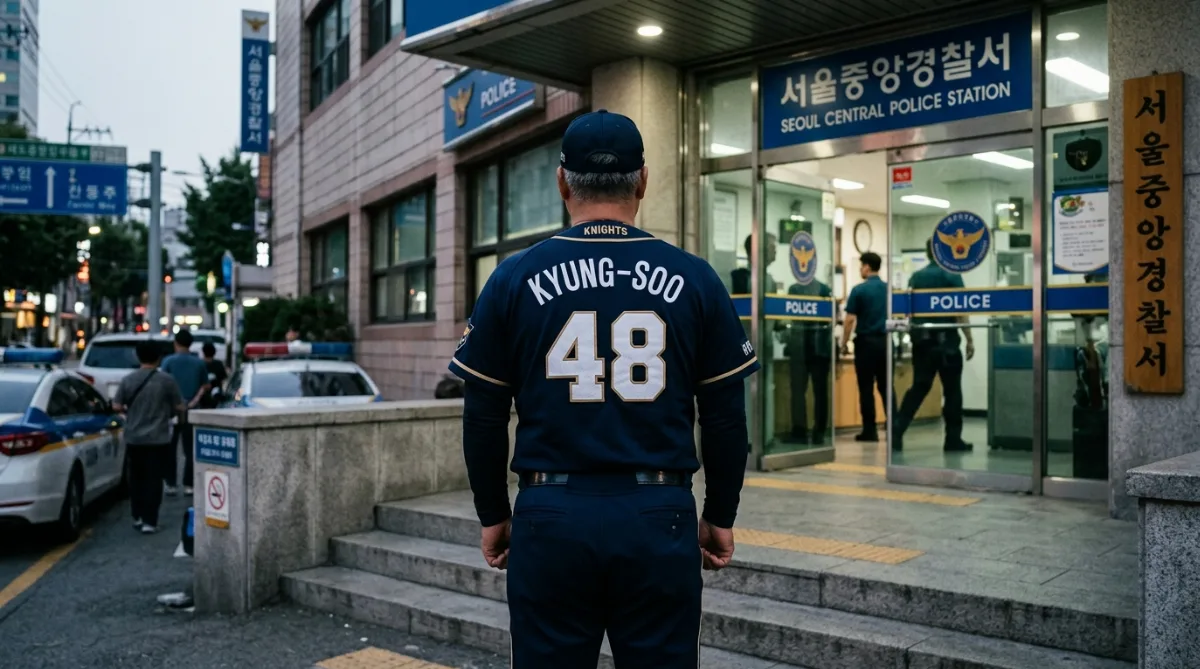 어두운 야구 유니폼을 입은 중년 남성의 뒷모습이 경찰서 앞에 서 있는 모습