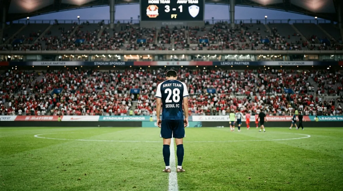 원정 팀 유니폼을 입은 선수가 하프라인 부근에서 홀로 고개 숙인 뒷모습으로 서 있는 경기장 전경