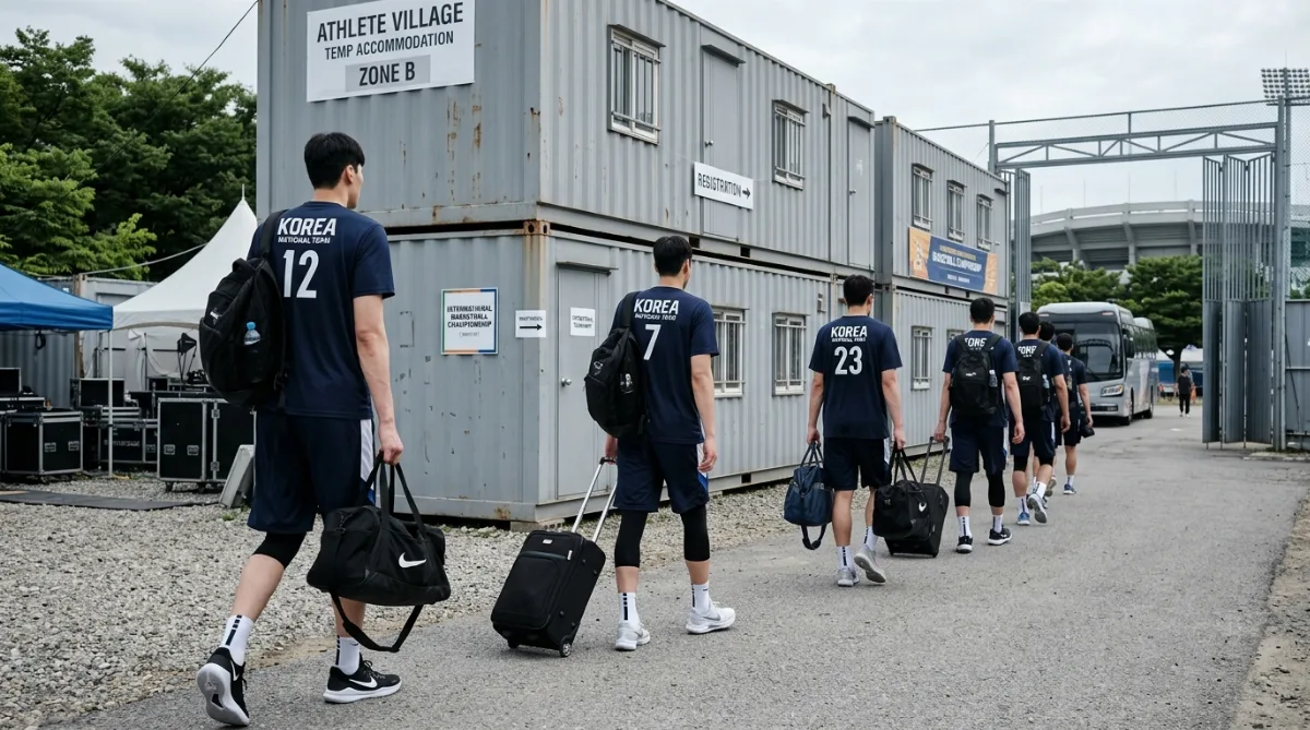 컨테이너로 된 임시 선수촌 앞에 큰 키의 선수들이 짐을 든 채 뒷모습으로 줄지어 서 있는 모습