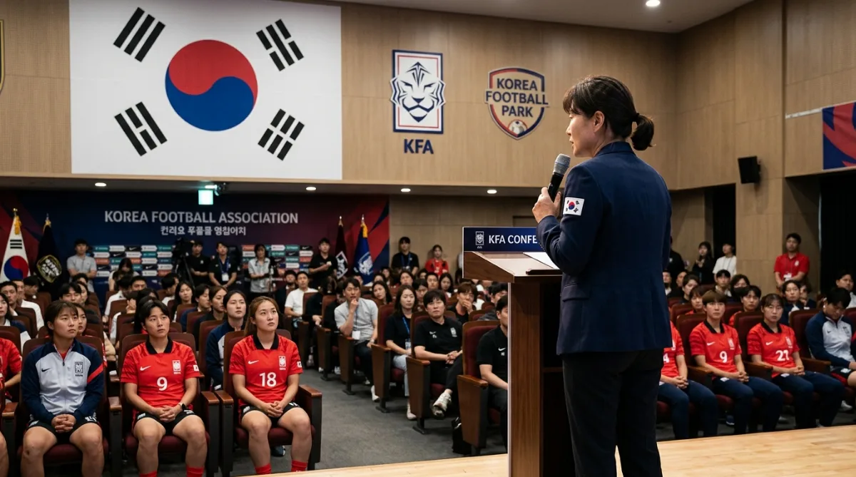 코리아풋볼파크 강당 단상 뒤편에서 마이크를 잡은 감독의 뒷모습과 태극마크 로고가 걸린 배경