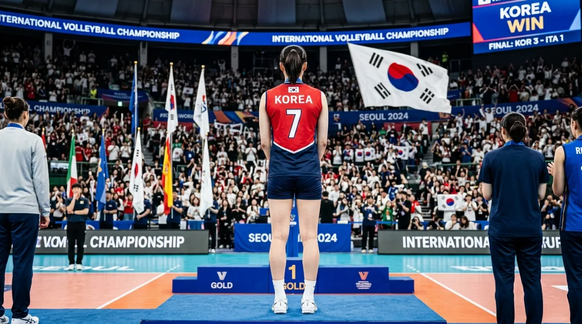 태극마크 유니폼을 입은 선수가 시상대 위에서 메달을 목에 걸고 뒷모습으로 서 있는 장면