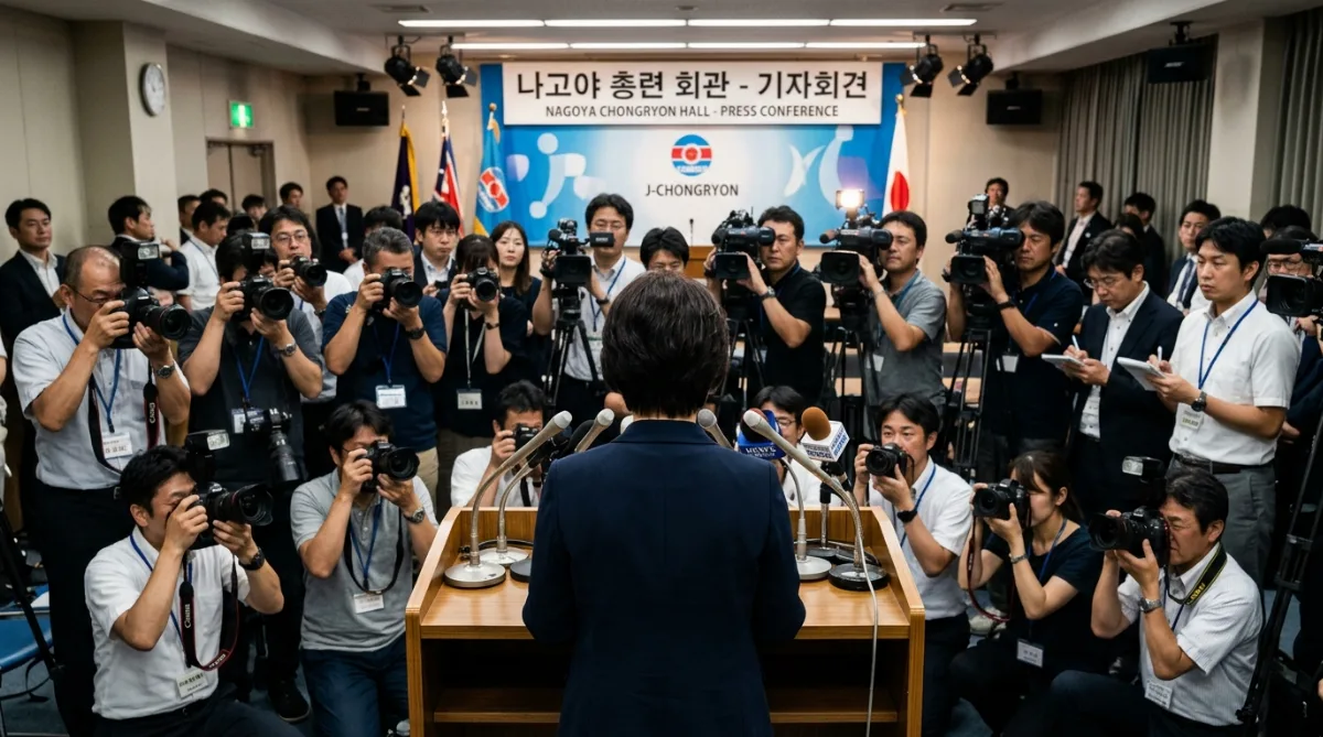 나고야 총련 회관 회견장에서 마이크 앞에 선 관계자의 뒷모습과 취재진의 카메라 대열