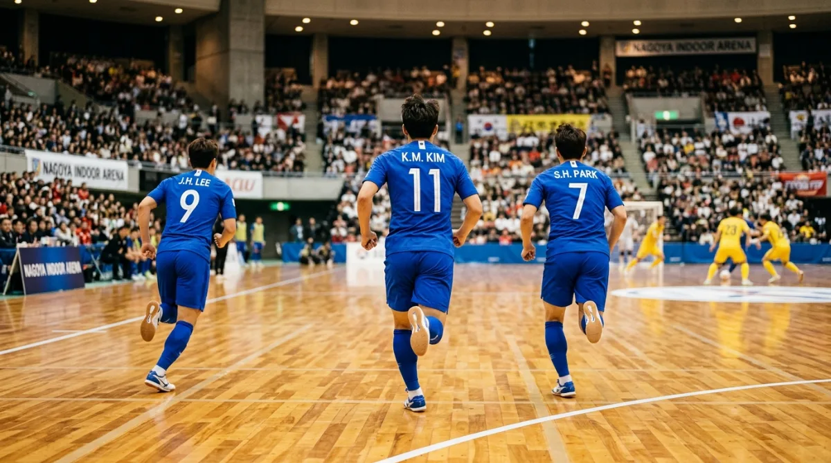 파란 유니폼을 입은 한국 선수들이 나고야 실내체육관 코트에서 속공을 펼치는 뒷모습 원거리 구도