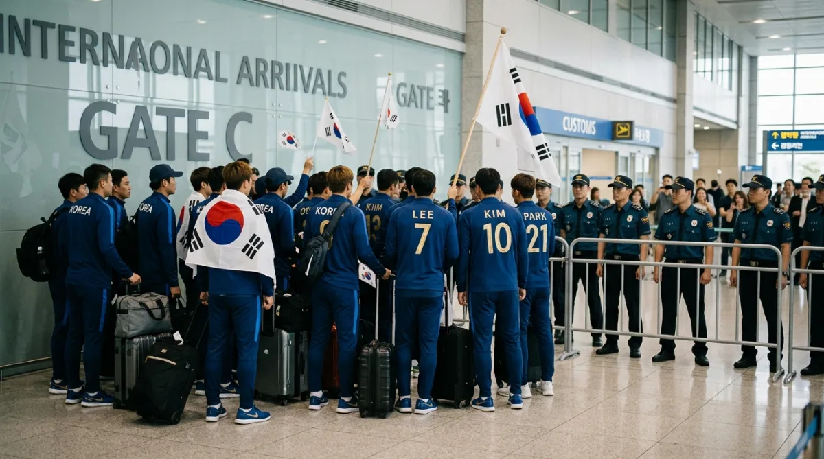 태극기를 든 선수단이 공항 입국장 앞에서 경찰과 대치하는 뒷모습, 파란 유니폼 실루엣과 여행 가방들이 늘어선 풍경