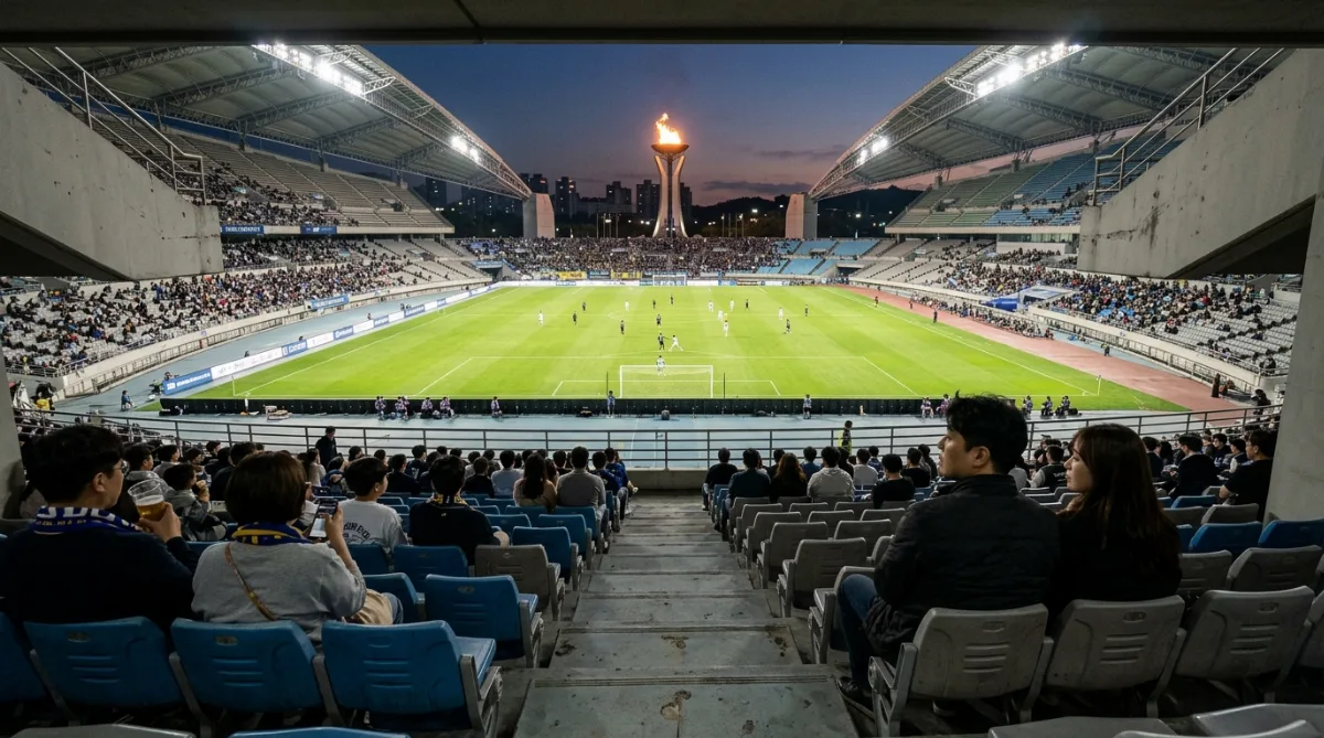 경기장 관중석 뒤편에서 바라본 듬성듬성 빈 좌석과 멀리 보이는 성화대 실루엣