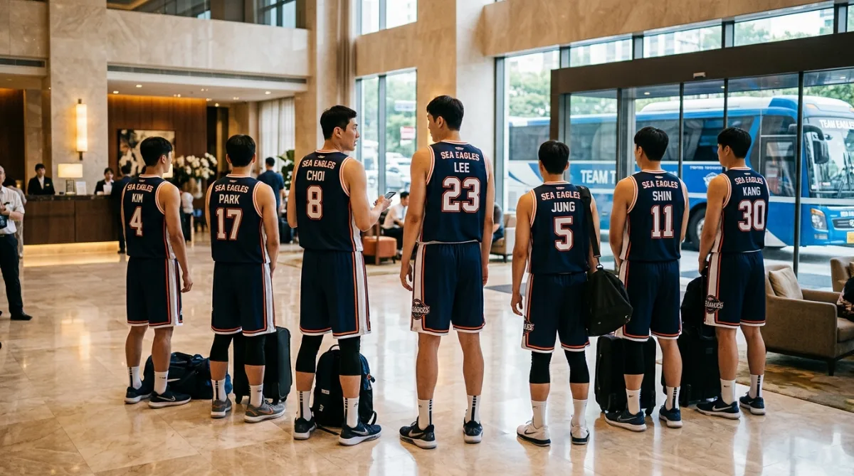 호텔 로비에서 대형 버스를 기다리며 서 있는 농구 유니폼 차림 선수단의 뒷모습
