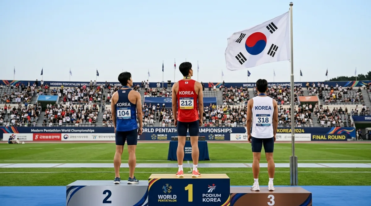 근대5종 유니폼을 입은 세 선수의 뒷모습이 시상대 위에서 태극기를 바라보는 원거리 구도