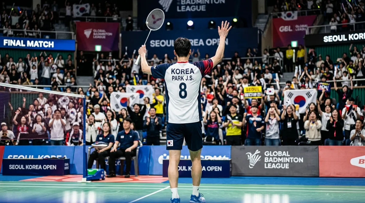 태극마크를 단 선수가 경기장에서 라켓을 든 채 뒷모습으로 관중석을 향해 손을 흔드는 장면