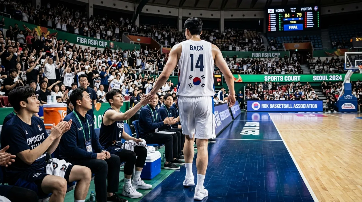 태극마크 유니폼을 입은 장신 선수가 경기 종료 직후 상대팀 벤치를 향해 걸어가 악수를 건네는 뒷모습