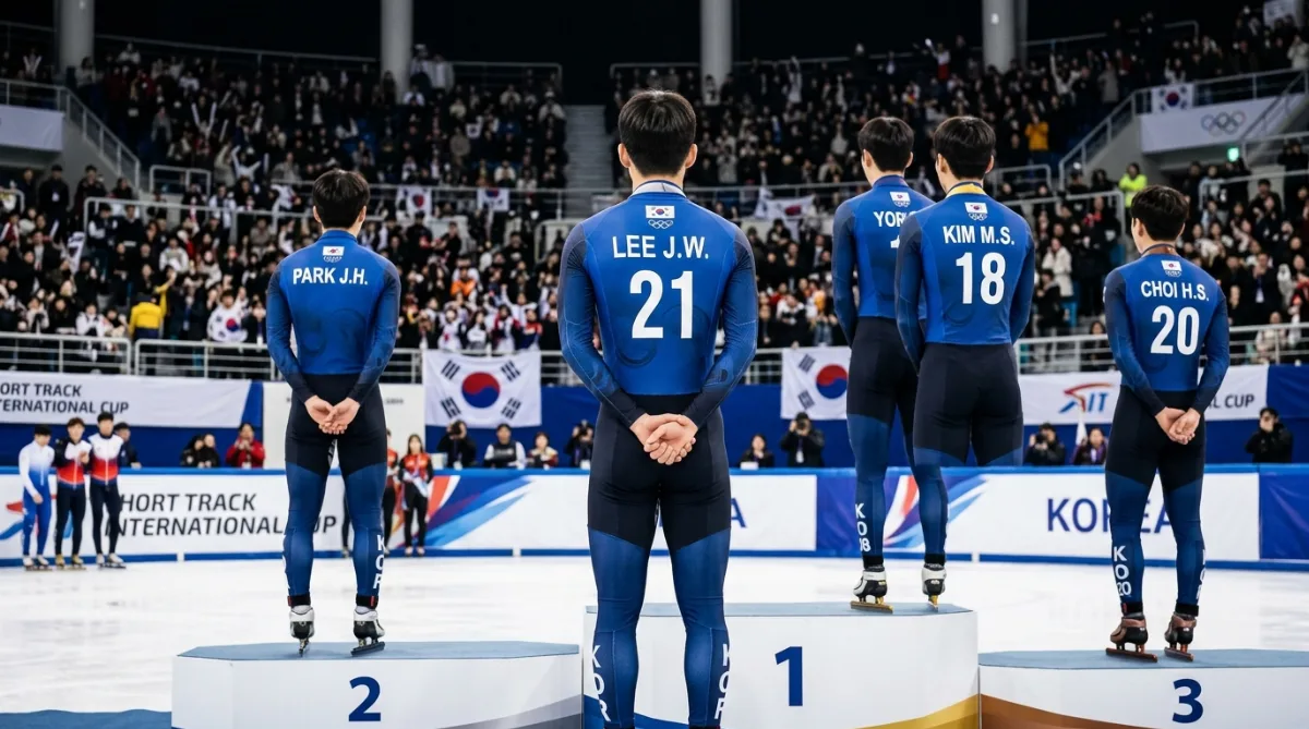 태극마크 유니폼을 입은 앳된 체구의 선수가 뒷모습으로 시상대 위에서 동료들과 함께 서 있는 장면