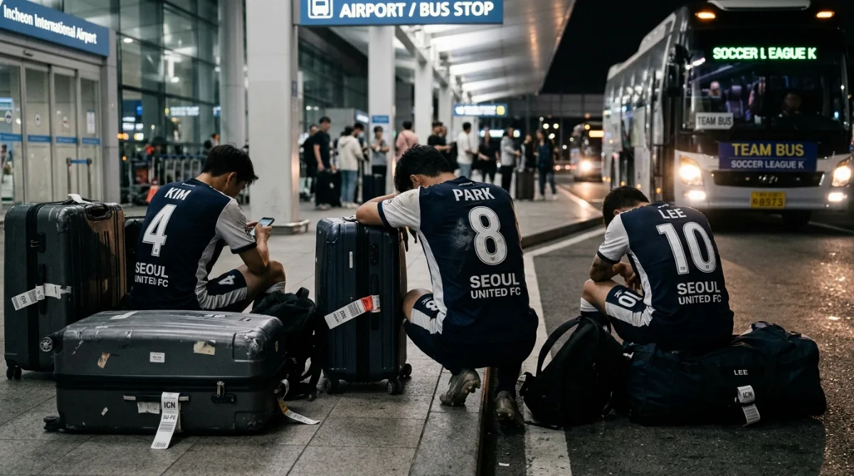 공항 인근에서 커다란 캐리어들 사이에 주저앉아 뒷모습으로 버스를 기다리는 선수들의 지친 실루엣