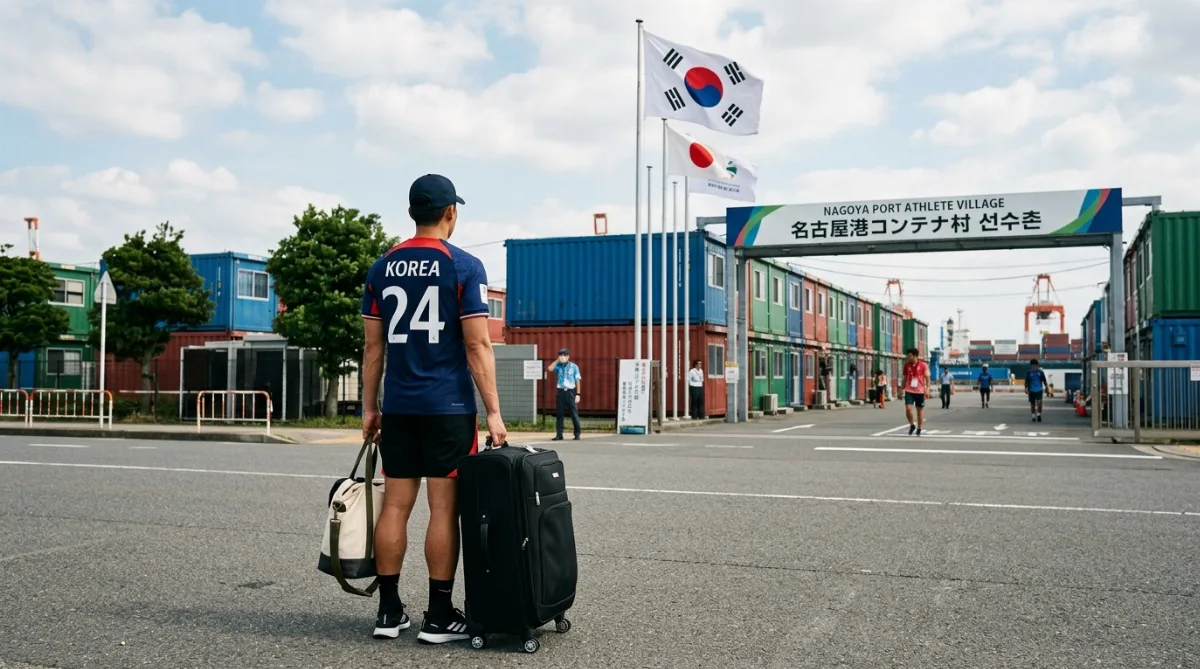 나고야항 컨테이너형 선수촌 앞에 태극기가 걸려 있고 선수로 보이는 인영이 짐을 든 채 뒷모습으로 서 있는 원거리 구도