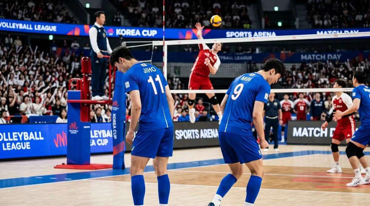파란 유니폼을 입은 한국 선수들이 네트 앞에서 상대의 강스파이크를 막지 못한 채 등을 돌리고 있는 모습