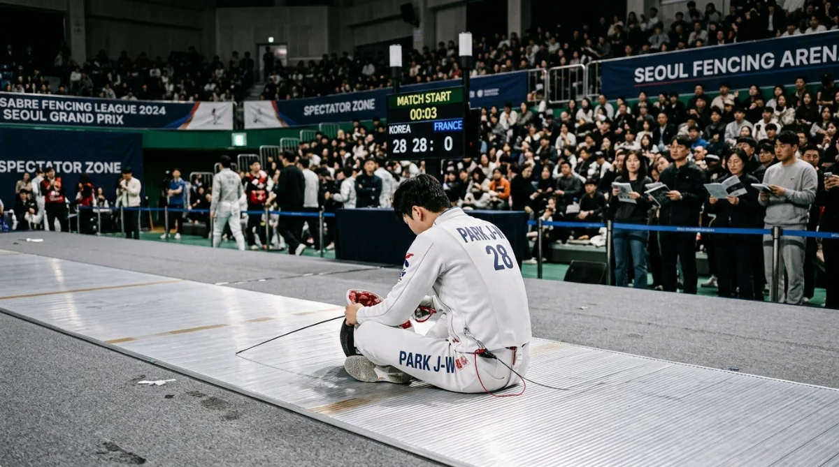 경기 시작 직후 매트에 주저앉은 사브르 유니폼 선수의 뒷모습과 그 뒤로 보이는 관중석