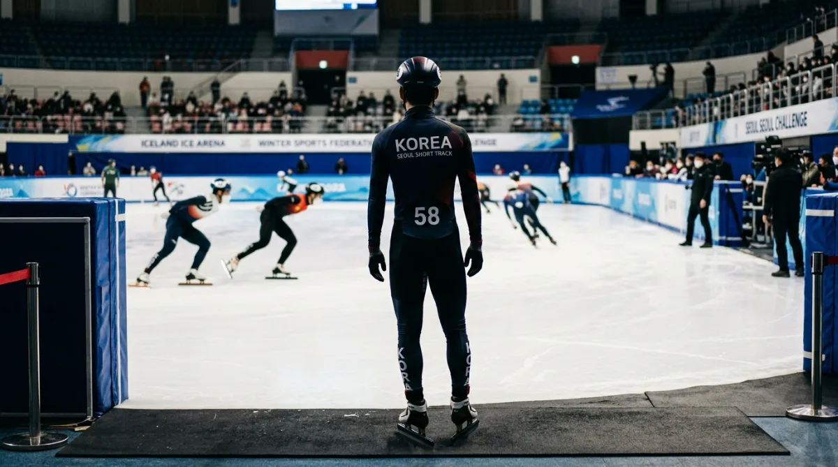 빙상장 트랙 옆에서 뒷모습으로 서 있는 쇼트트랙 유니폼 차림의 선수 실루엣
