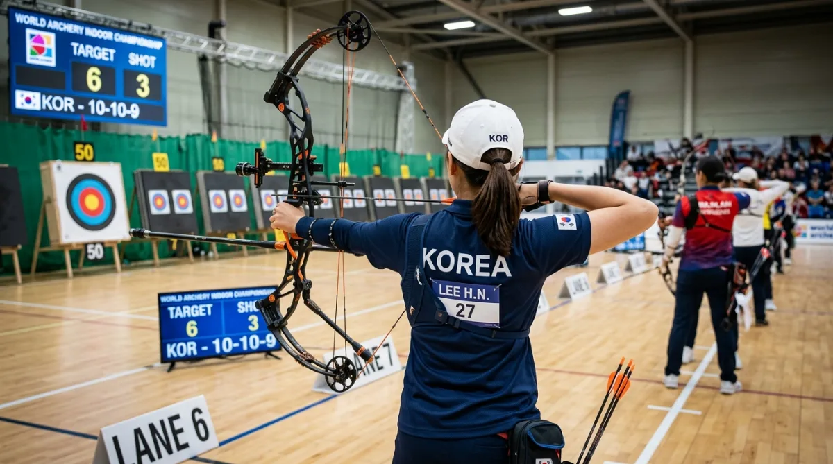 경기장 사대에서 컴파운드 활을 겨누는 여자 양궁 선수의 뒷모습, 태극마크가 새겨진 유니폼과 집중한 자세